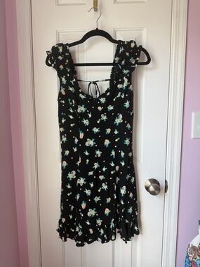 Free People Black Floral Mini Dress with Aqua and Peach Blooms